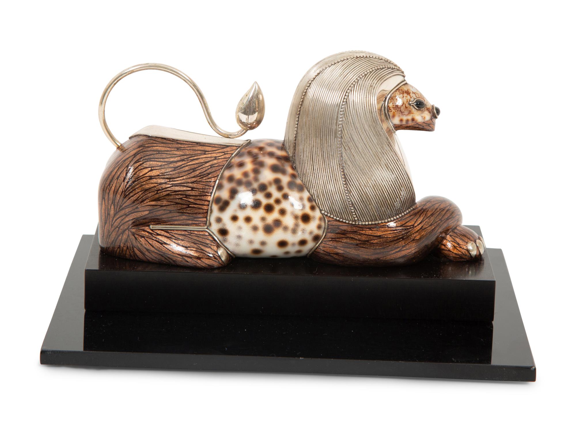 A Roberto Estevez Lion Seashell, Enamel and Silver Sculpture