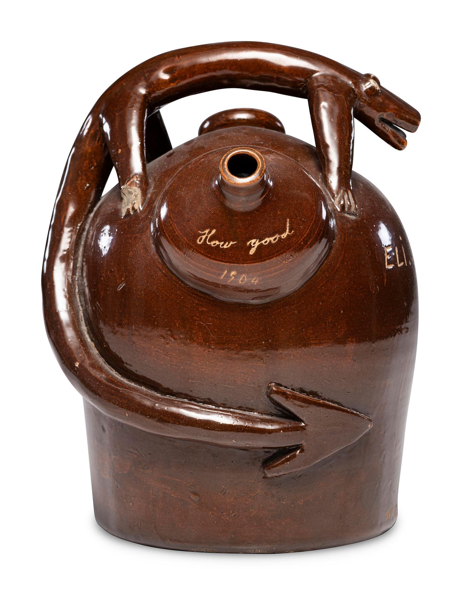 A Rare W.E. Kreiner Signed Harvest Jug with Lizard Handle