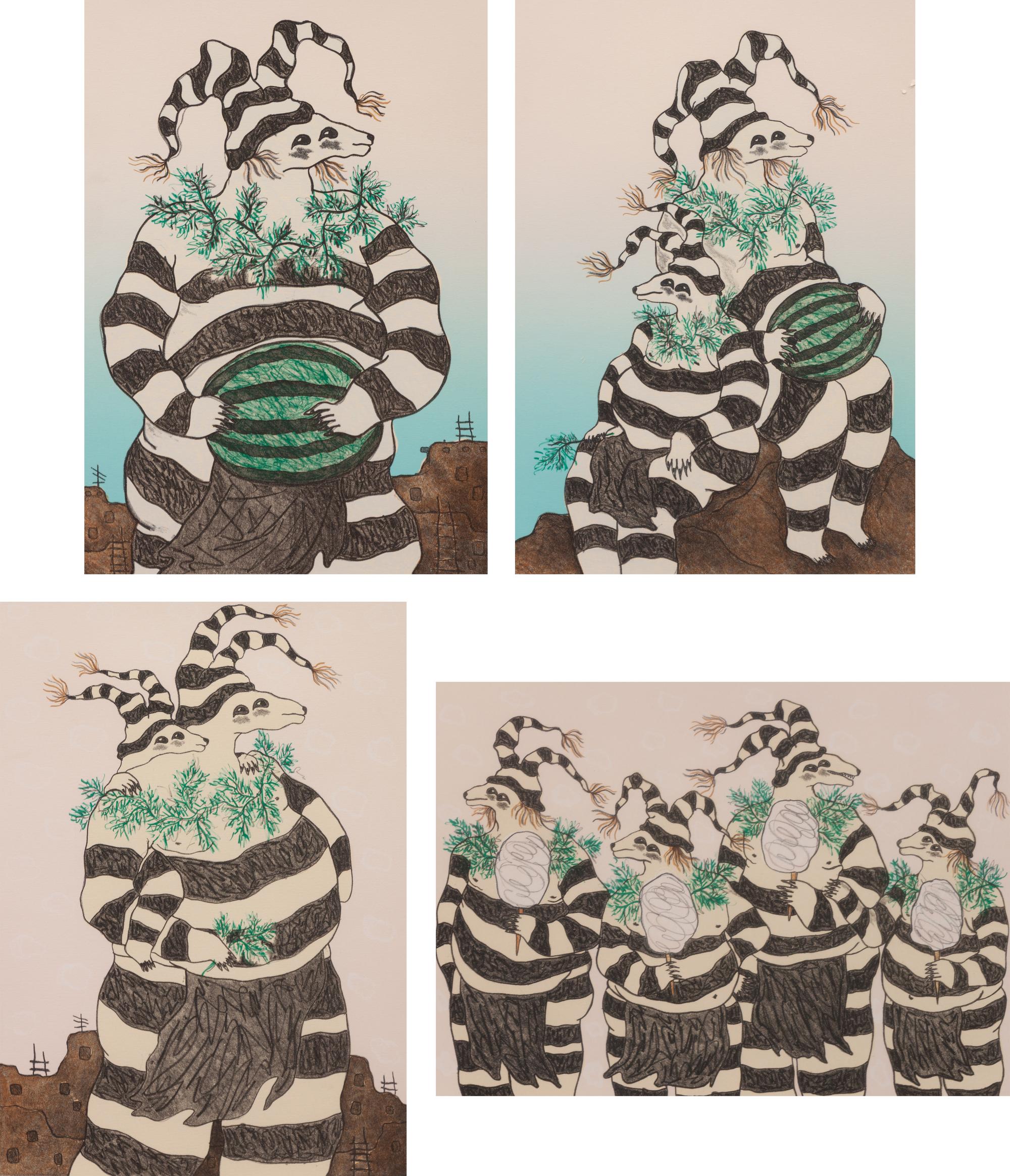 Four Works: Koshare with Melon, Two Koshares with Melon, Koshares Walking and Koshares with Cotton Candy , each edition 38/75