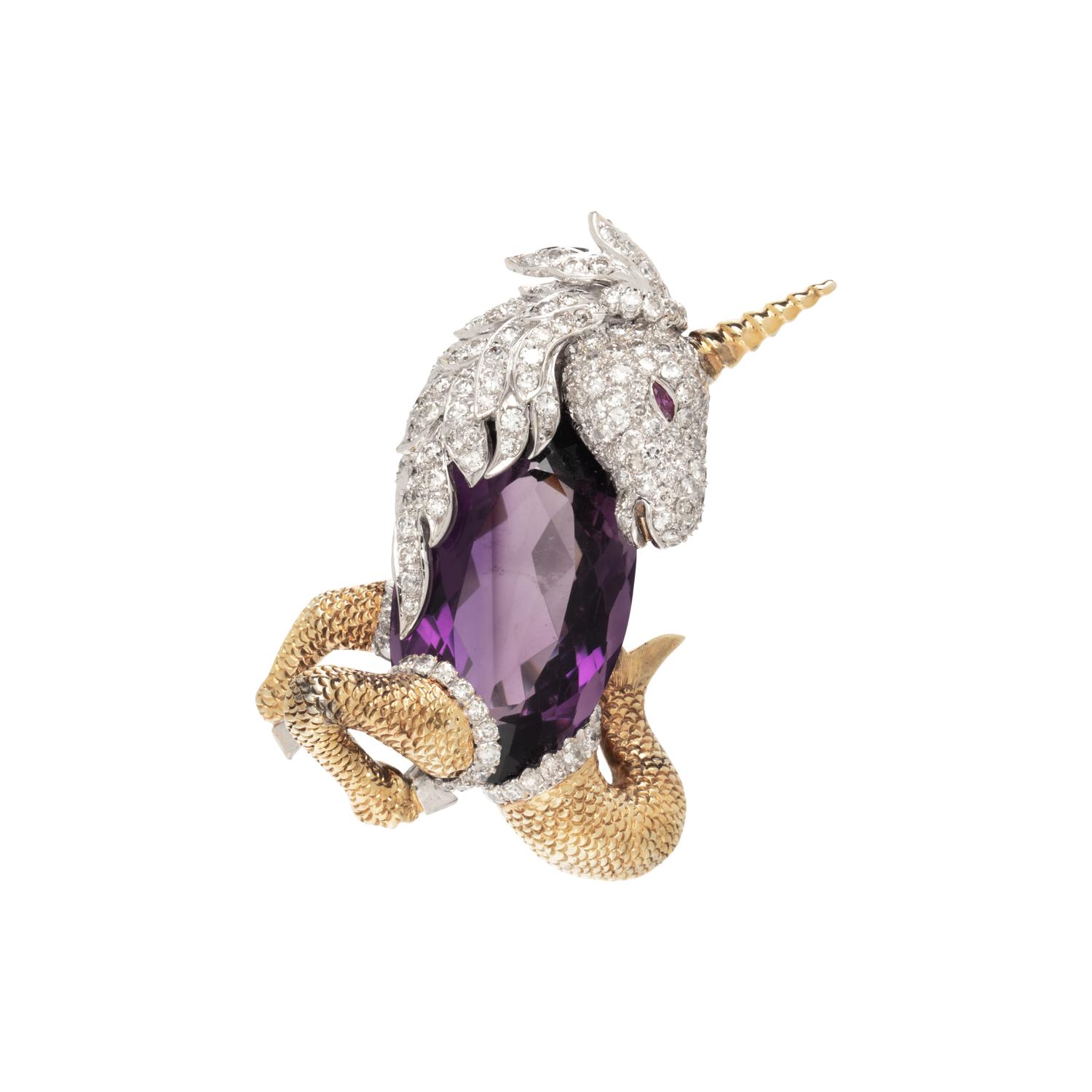 AMETHYST AND DIAMOND HIPPOCAMPUS BROOCH
