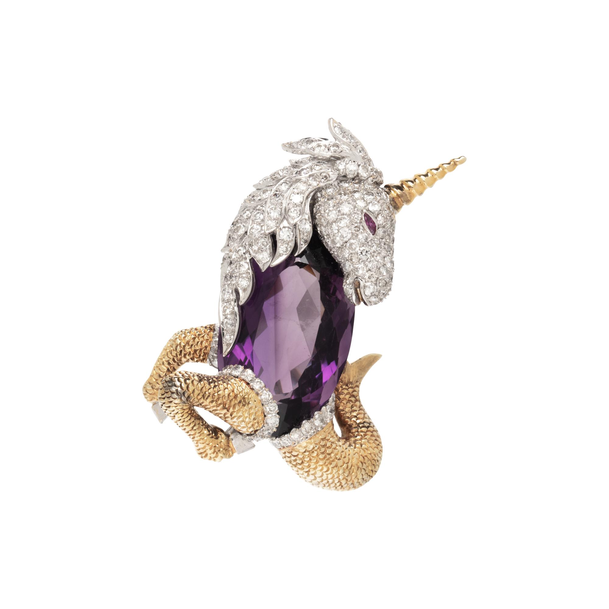 AMETHYST AND DIAMOND HIPPOCAMPUS BROOCH