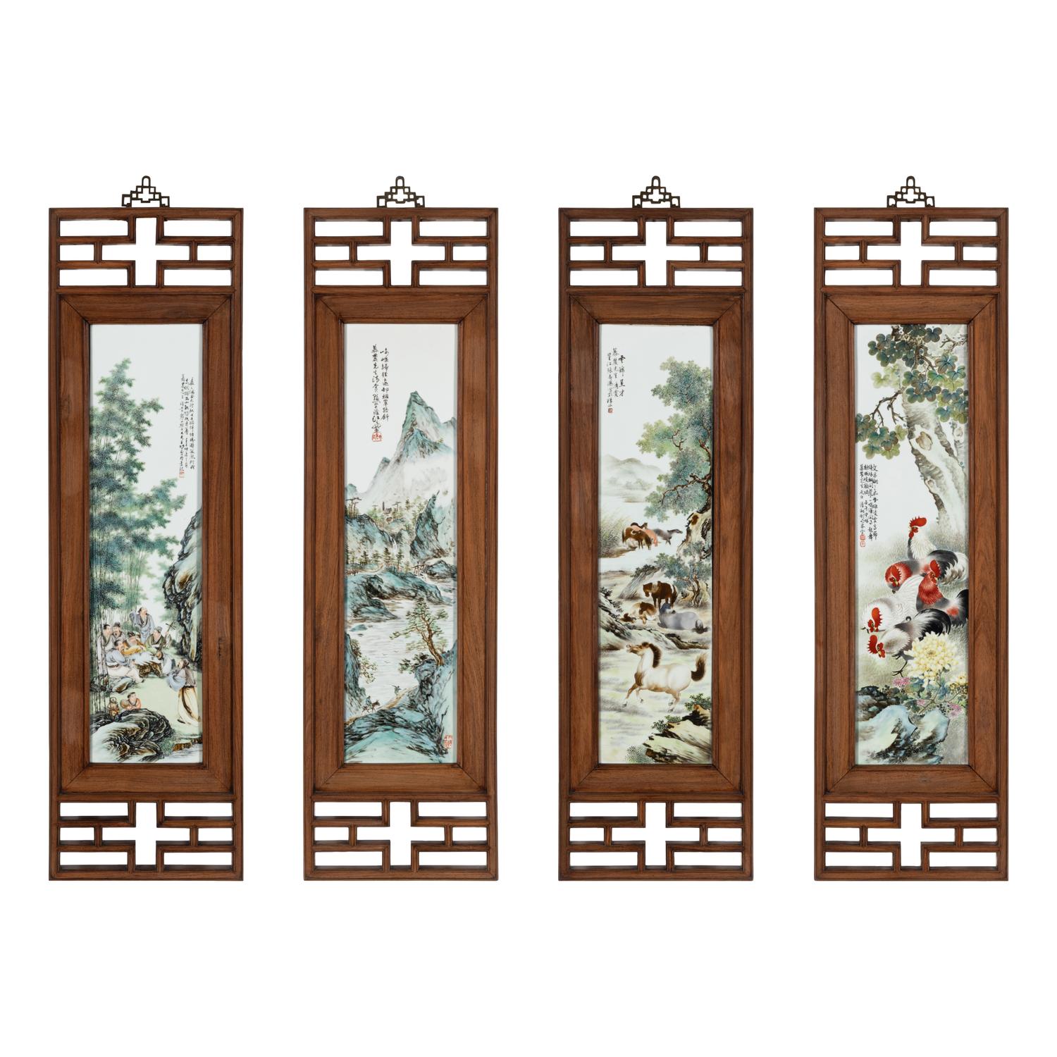A Set of Four Chinese Famille Rose Porcelain Inset Hardwood-Framed Hanging Screens, 20th Century 近代 硬木嵌粉彩山水圖瓷板挂屏一組四件