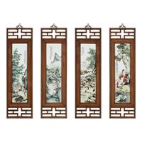 A Set of Four Chinese Famille Rose Porcelain Inset Hardwood-Framed Hanging Screens, 20th Century 近代 硬木嵌粉彩山水圖瓷板挂屏一組四件