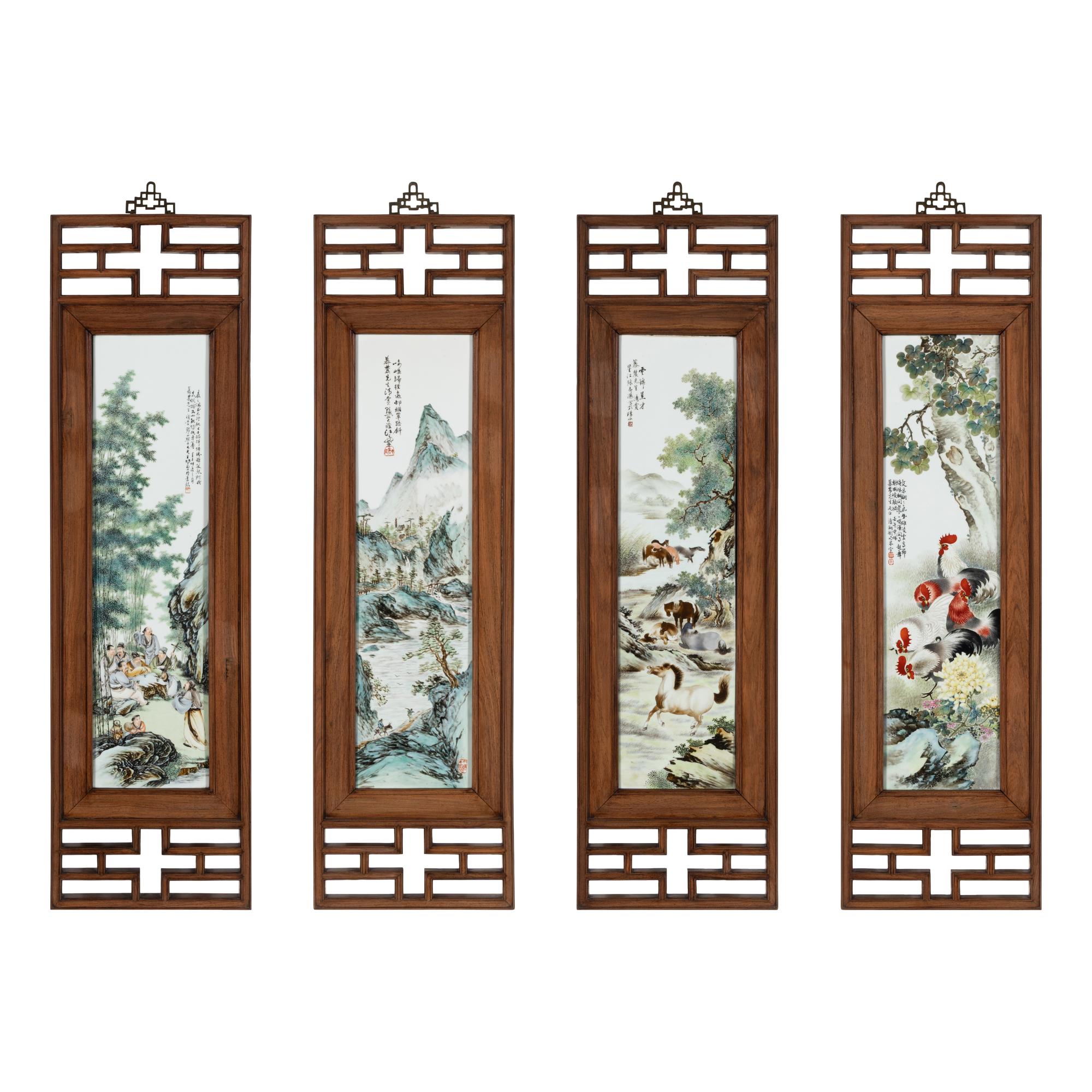 A Set of Four Chinese Famille Rose Porcelain Inset Hardwood-Framed Hanging Screens, 20th Century 近代 硬木嵌粉彩山水圖瓷板挂屏一組四件