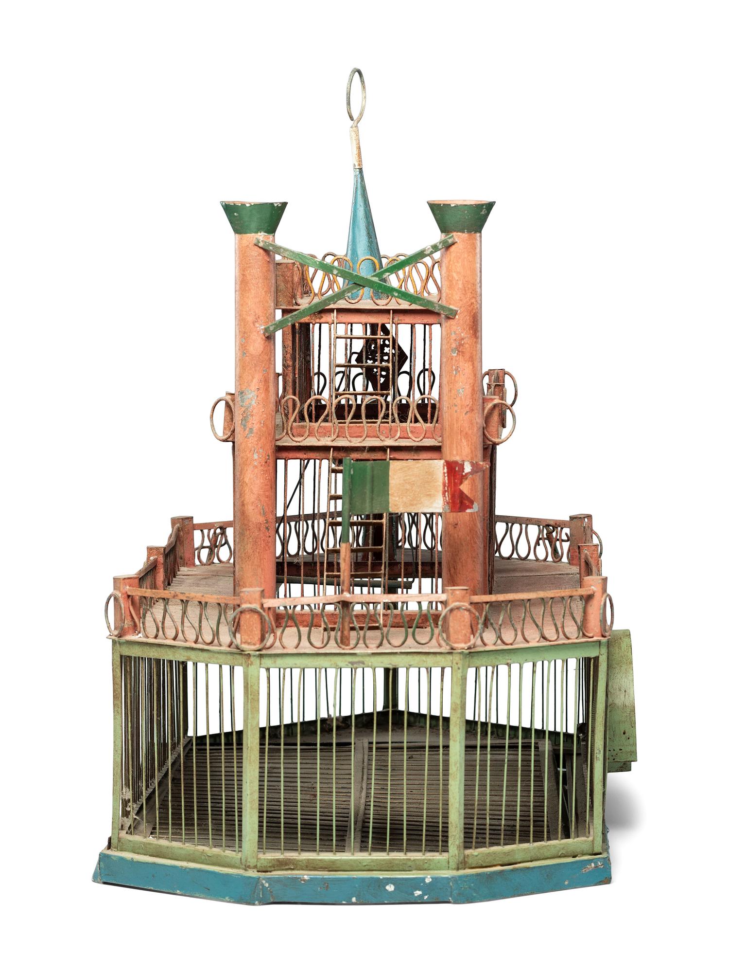 A Painted Sheet Metal and Wire Steamboat Form Birdcage