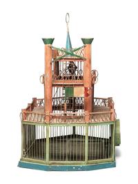 A Painted Sheet Metal and Wire Steamboat Form Birdcage