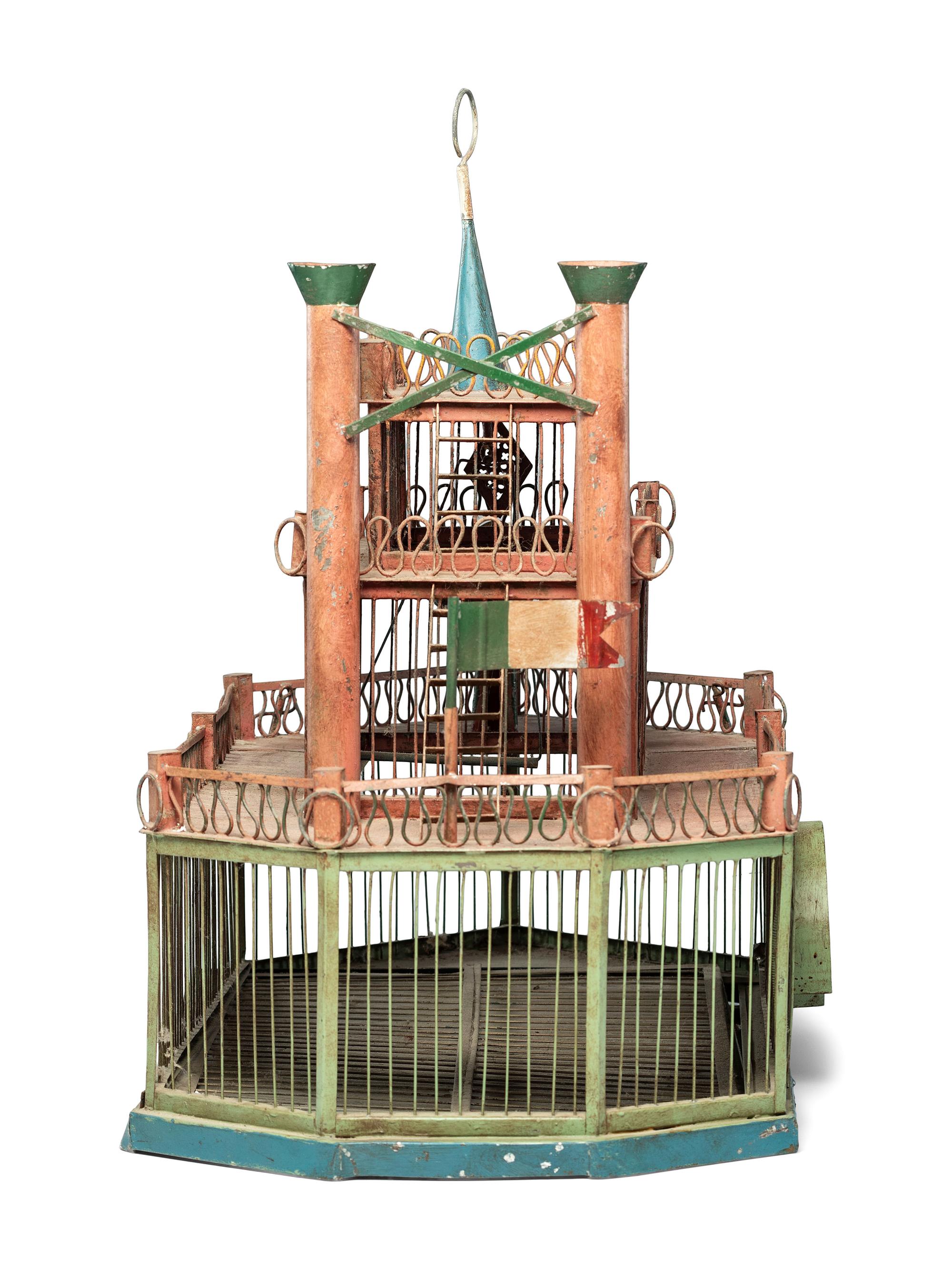 A Painted Sheet Metal and Wire Steamboat Form Birdcage
