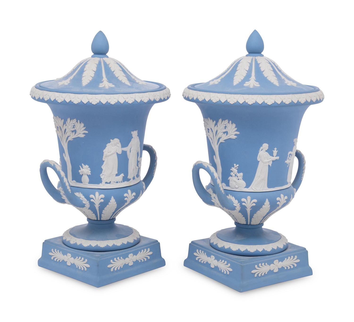 A Pair of Wedgwood Jasperware Covered Urns