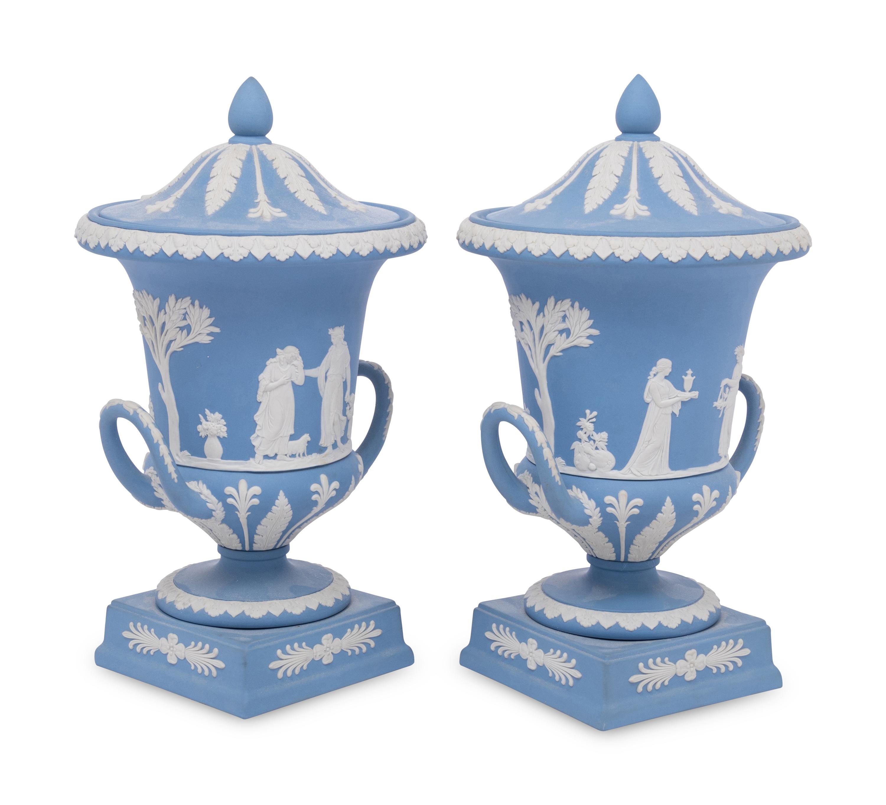 A Pair of Wedgwood Jasperware Covered Urns
