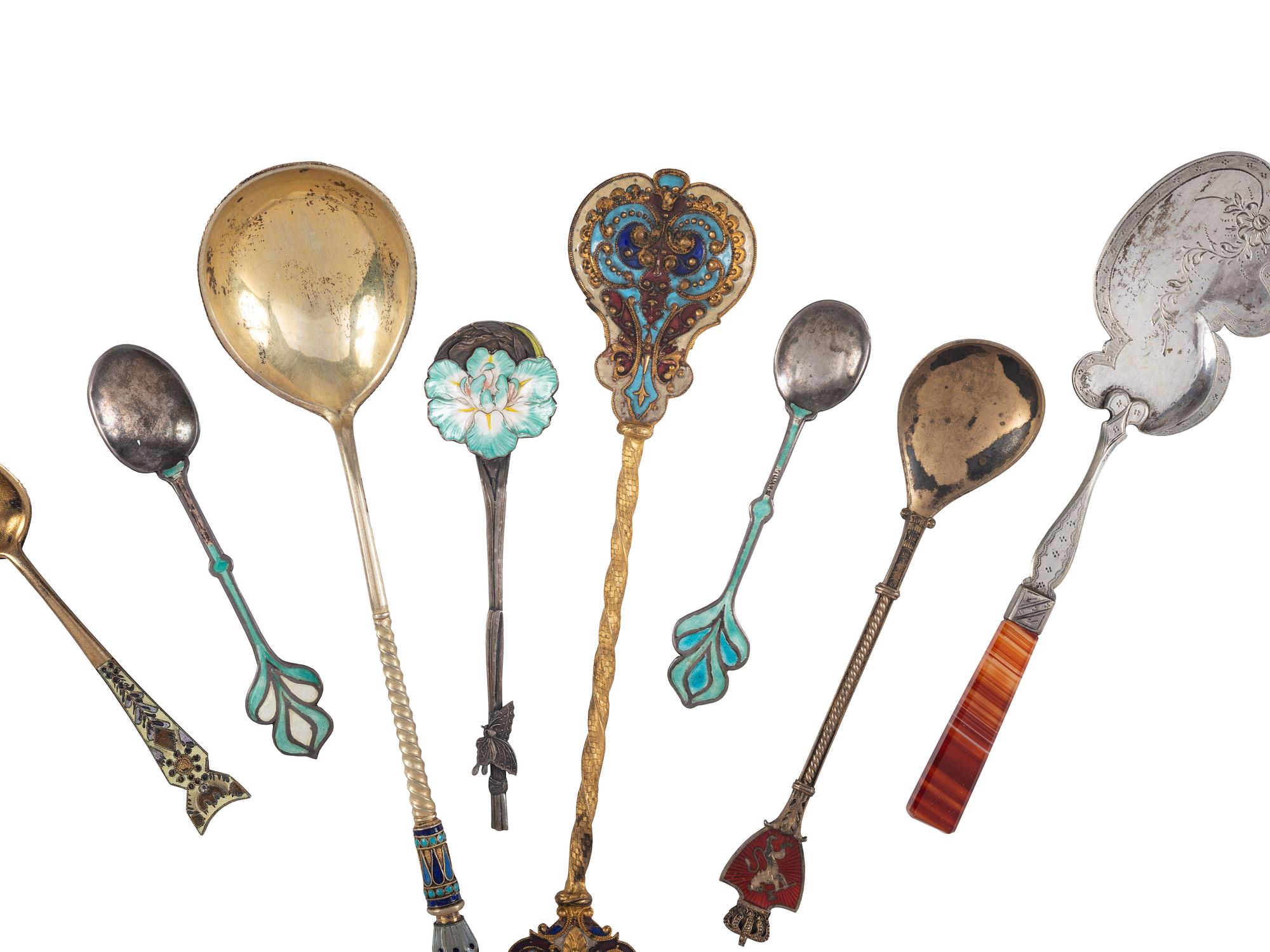 Seventeen Enameled Silver and Silver Gilt Serving Spoons and Souvenir Spoons