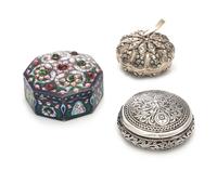 Three Silver Boxes, Likely Indian, comprising an enameled example with a paste-inset lid, a gourd form box and another example with fol