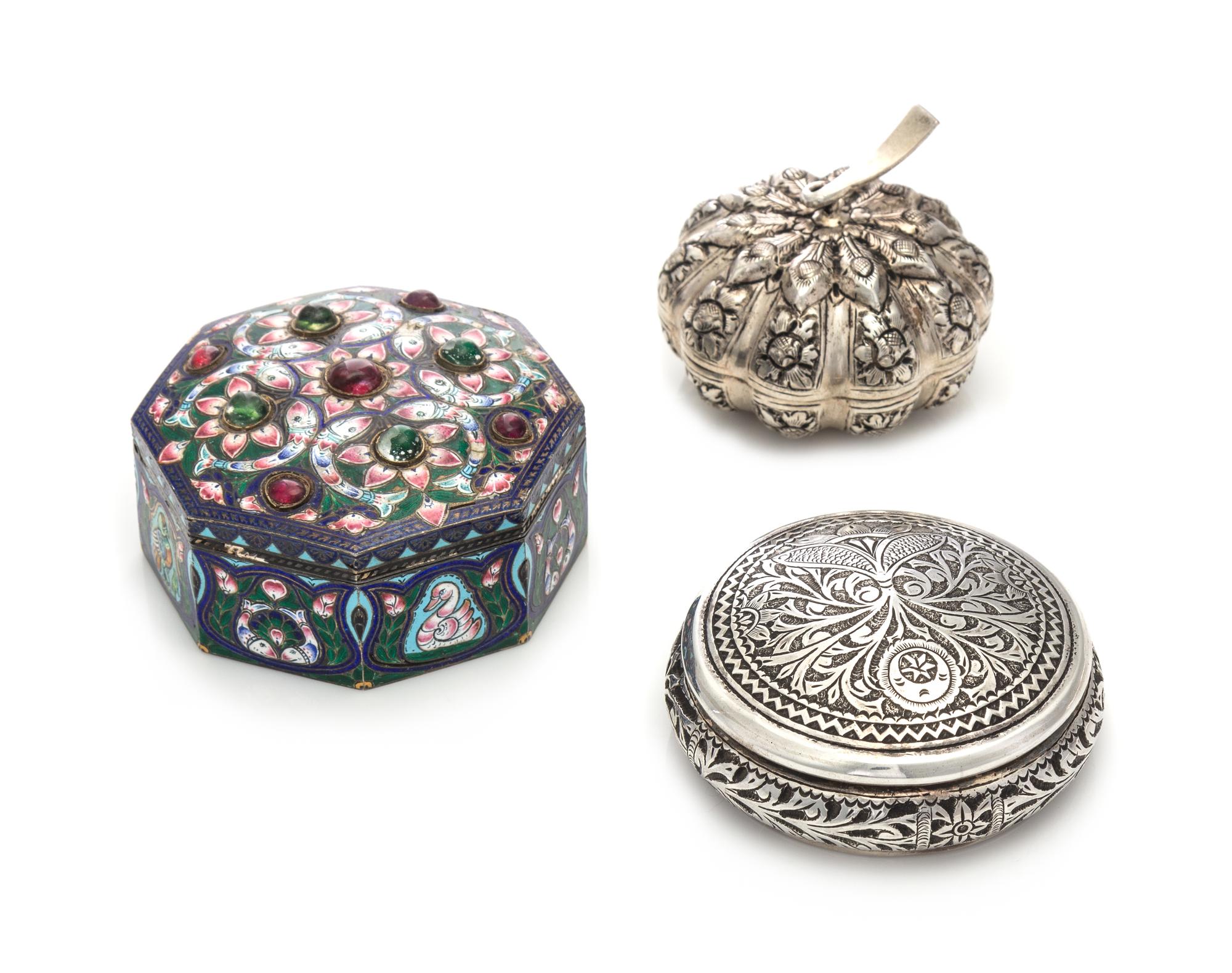 Three Silver Boxes, Likely Indian, comprising an enameled example with a paste-inset lid, a gourd form box and another example with fol