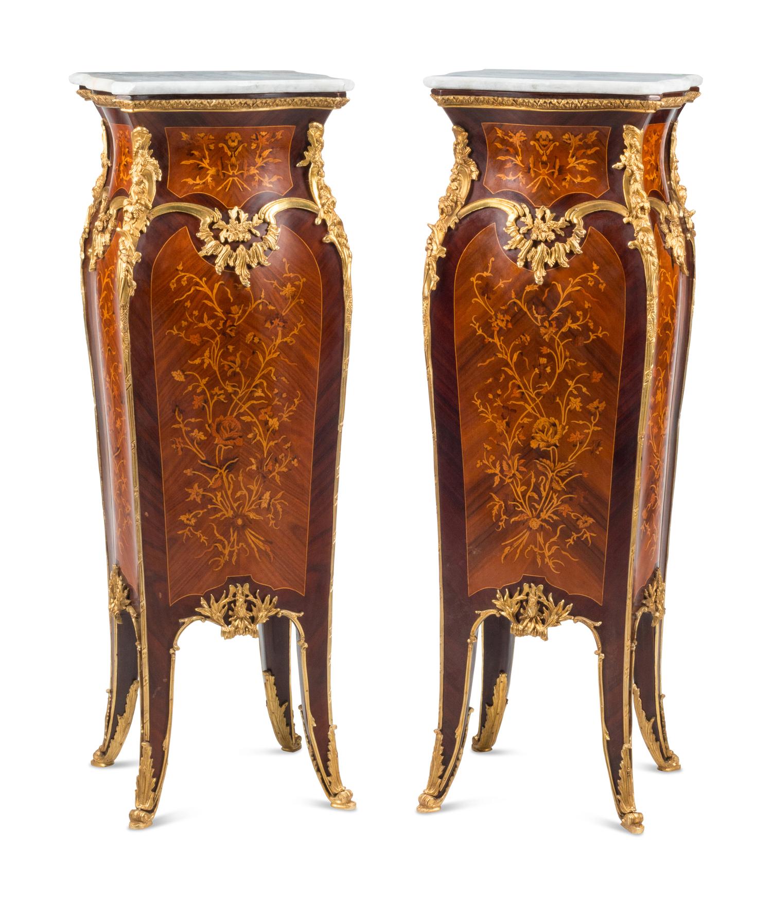 A Pair of Louis XV Style Gilt Bronze Mounted Marquetry Pedestals