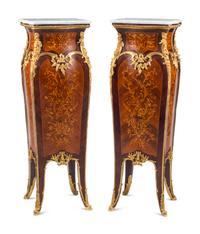 A Pair of Louis XV Style Gilt Bronze Mounted Marquetry Pedestals