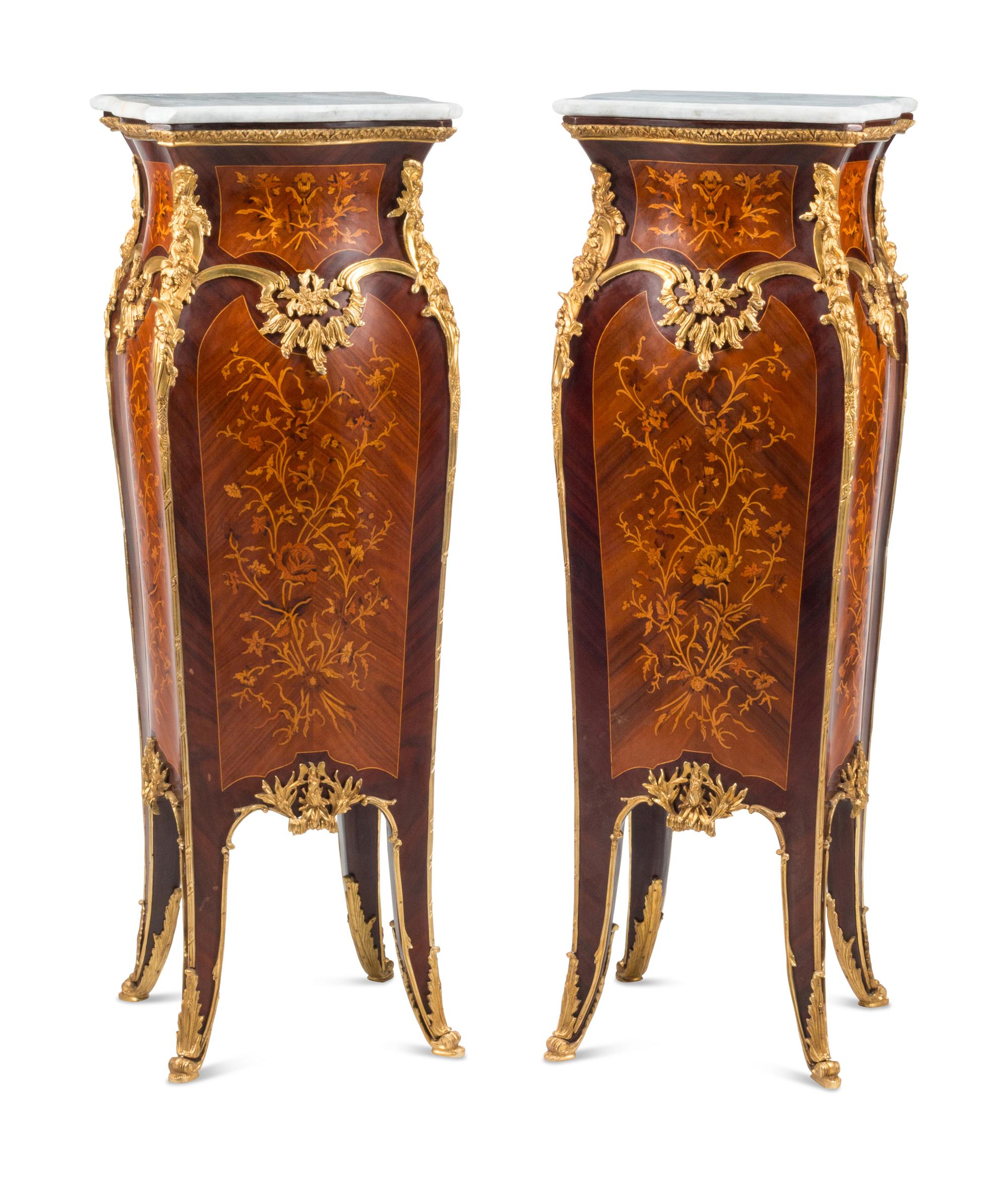 A Pair of Louis XV Style Gilt Bronze Mounted Marquetry Pedestals