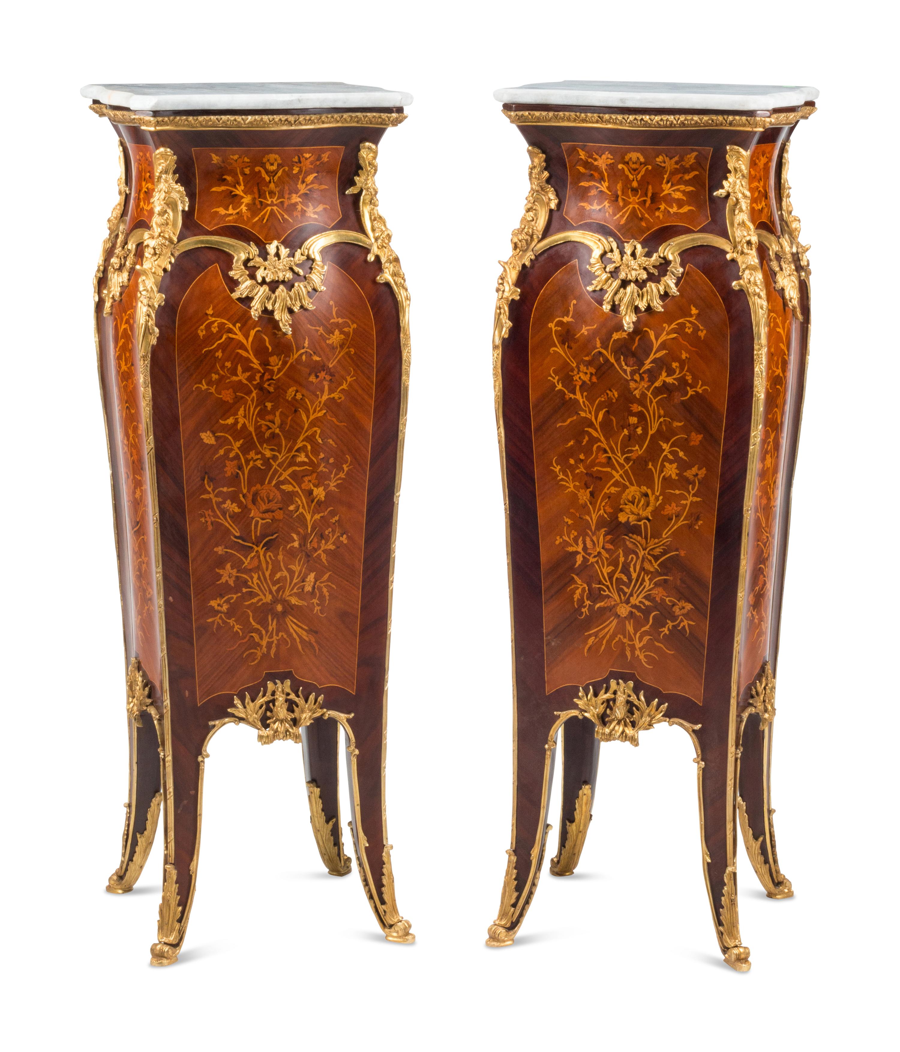 A Pair of Louis XV Style Gilt Bronze Mounted Marquetry Pedestals
