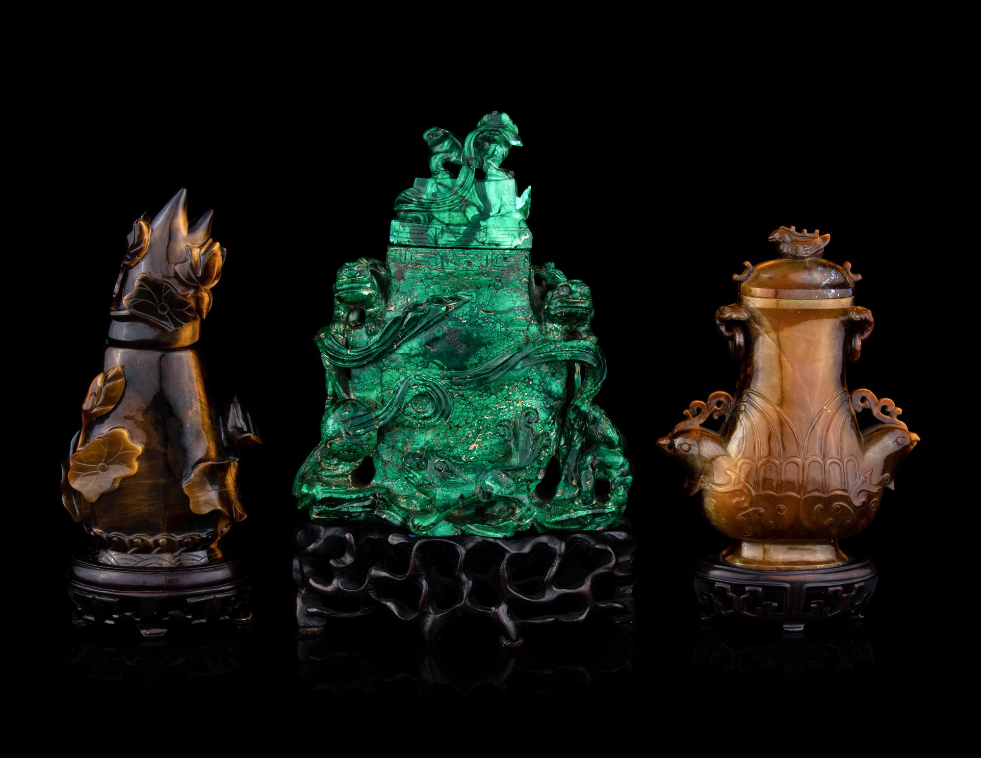 Three Chinese Hardstone Covered Vases