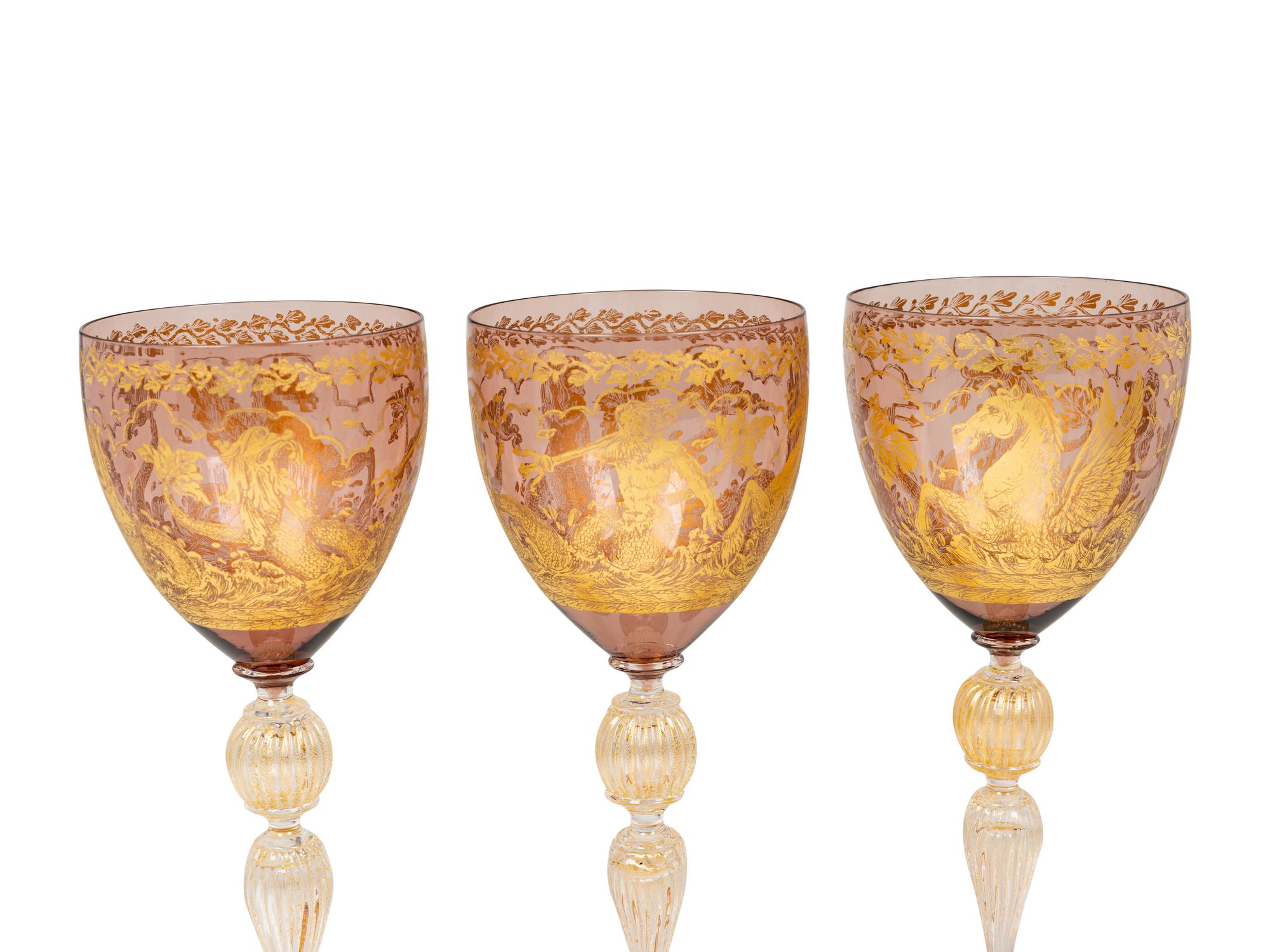 A Venetian Gilt Decorated Glass Stemware Service