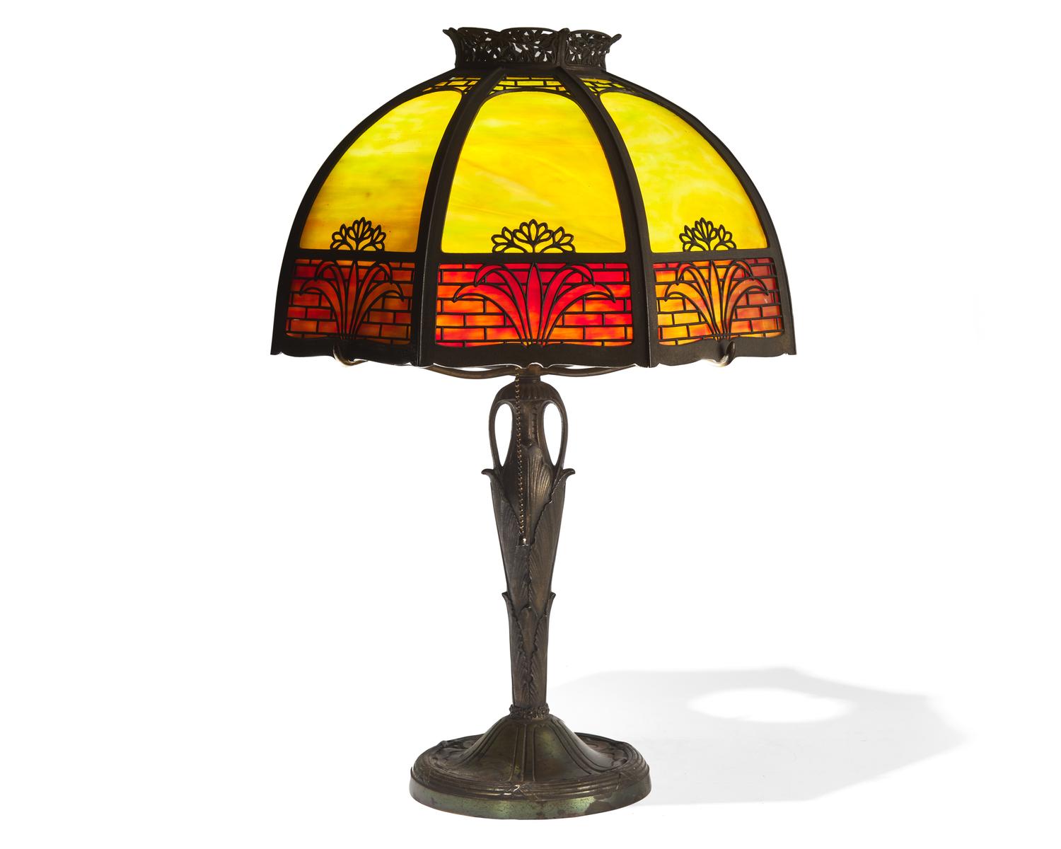 An American Arts & Crafts brass and slag glass table lamp, circa 1920