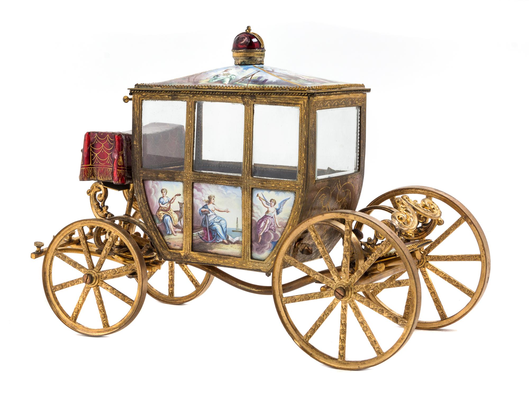 A Viennese Enameled Gilt Metal Musical Model of a Coach Height 7 1/4 inches. — 19TH CENTURY