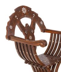 A Pair of Syrian Mother-of-Pearl Inlaid Walnut Savonarola Chairs
