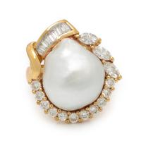 Cultured Pearl, Diamond, and Yellow Gold Ring