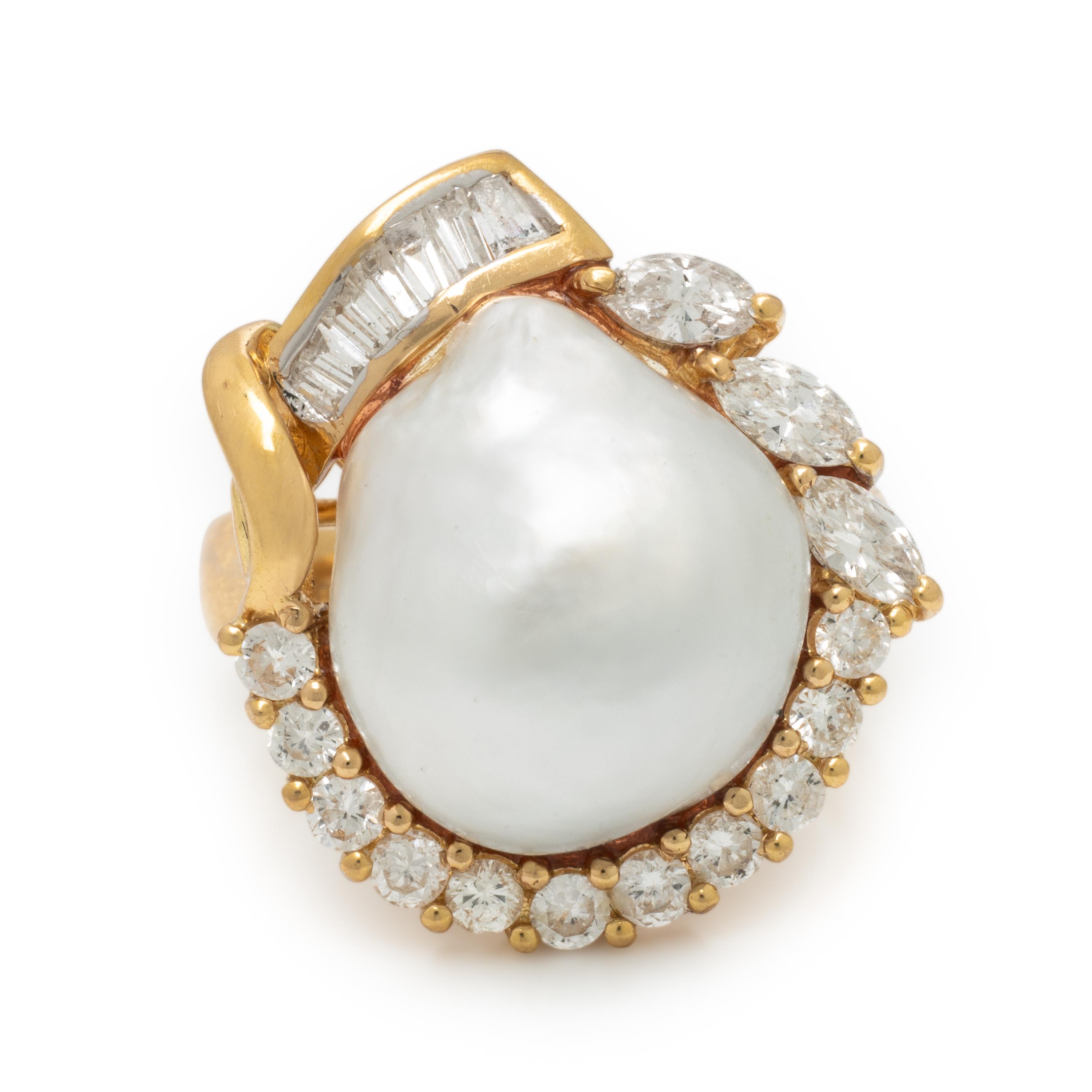 Cultured Pearl, Diamond, and Yellow Gold Ring