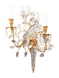 A Set of Four Gilt Metal and Glass Two-Light Sconces in the Style of Maison Baguès