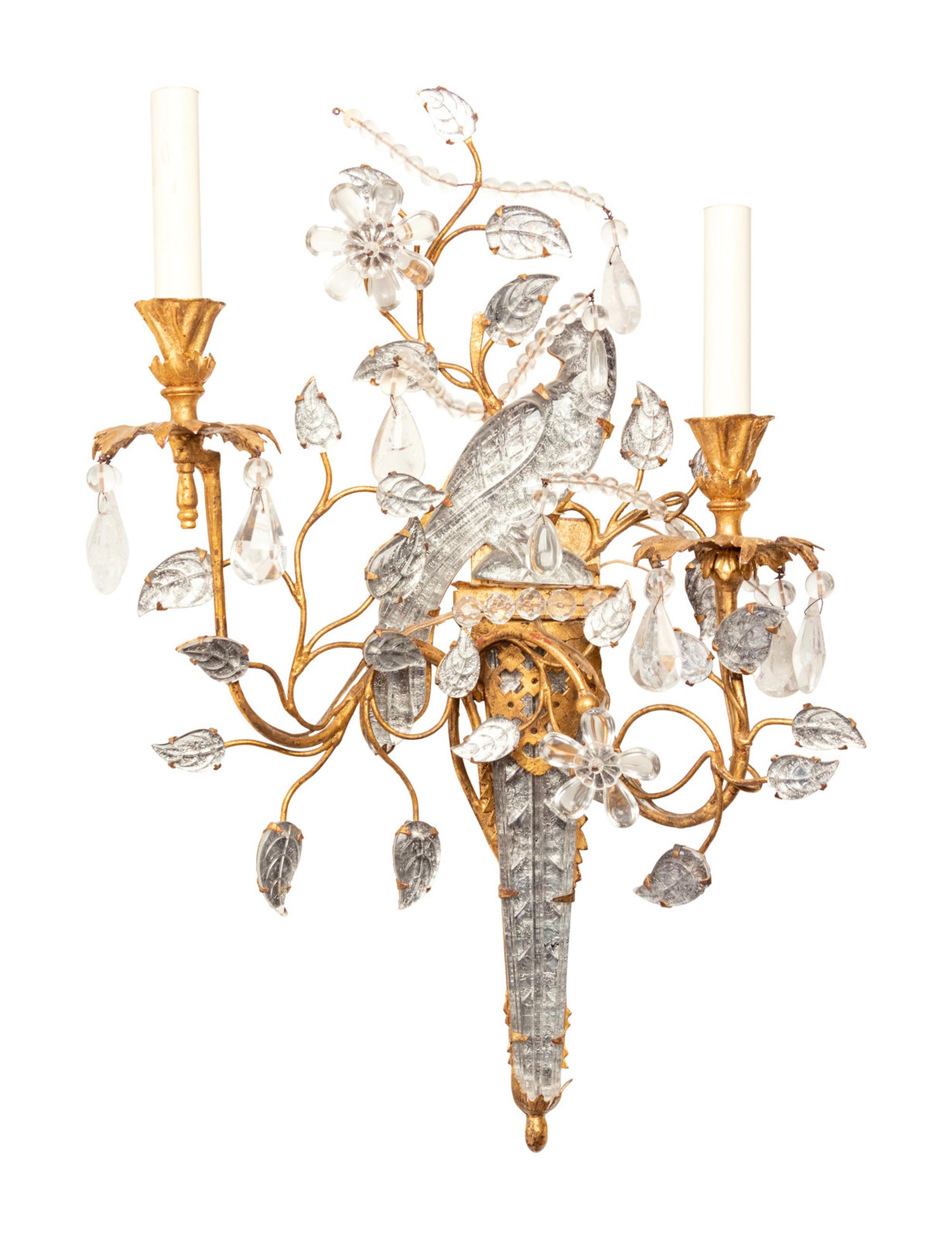 A Set of Four Gilt Metal and Glass Two-Light Sconces in the Style of Maison Baguès