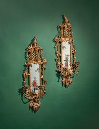 A Pair of Chinese Chippendale Giltwood and Reverse-Painted Glass Mirrors