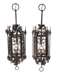 A Pair of Gothic Style Wrought Iron Lanterns Height 35 inches. — STYLE OF ADDISON MIZNER
