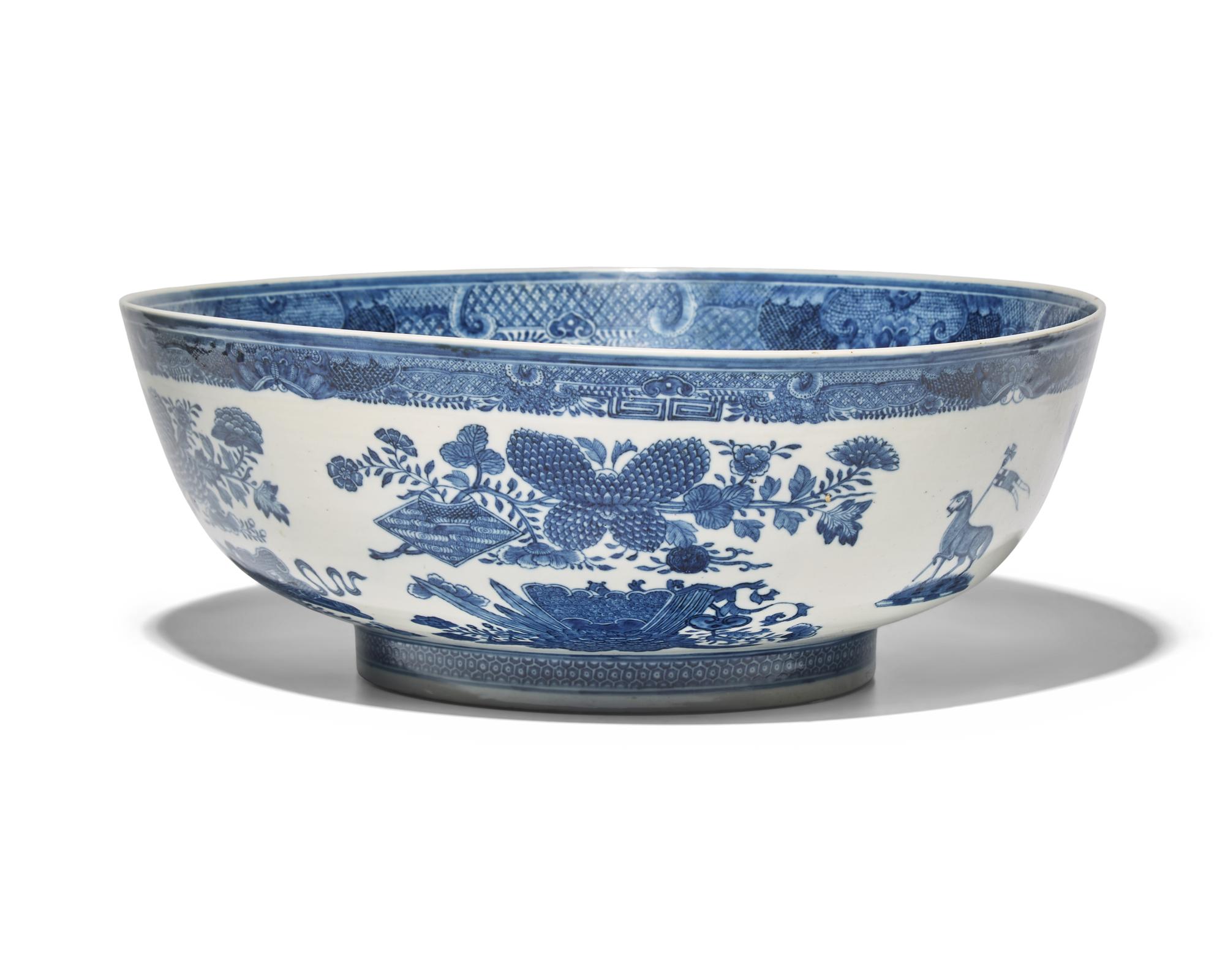 A Large Chinese Export Porcelain Blue Fitzhugh Armorial Punch Bowl Bearing the Roberts Crest