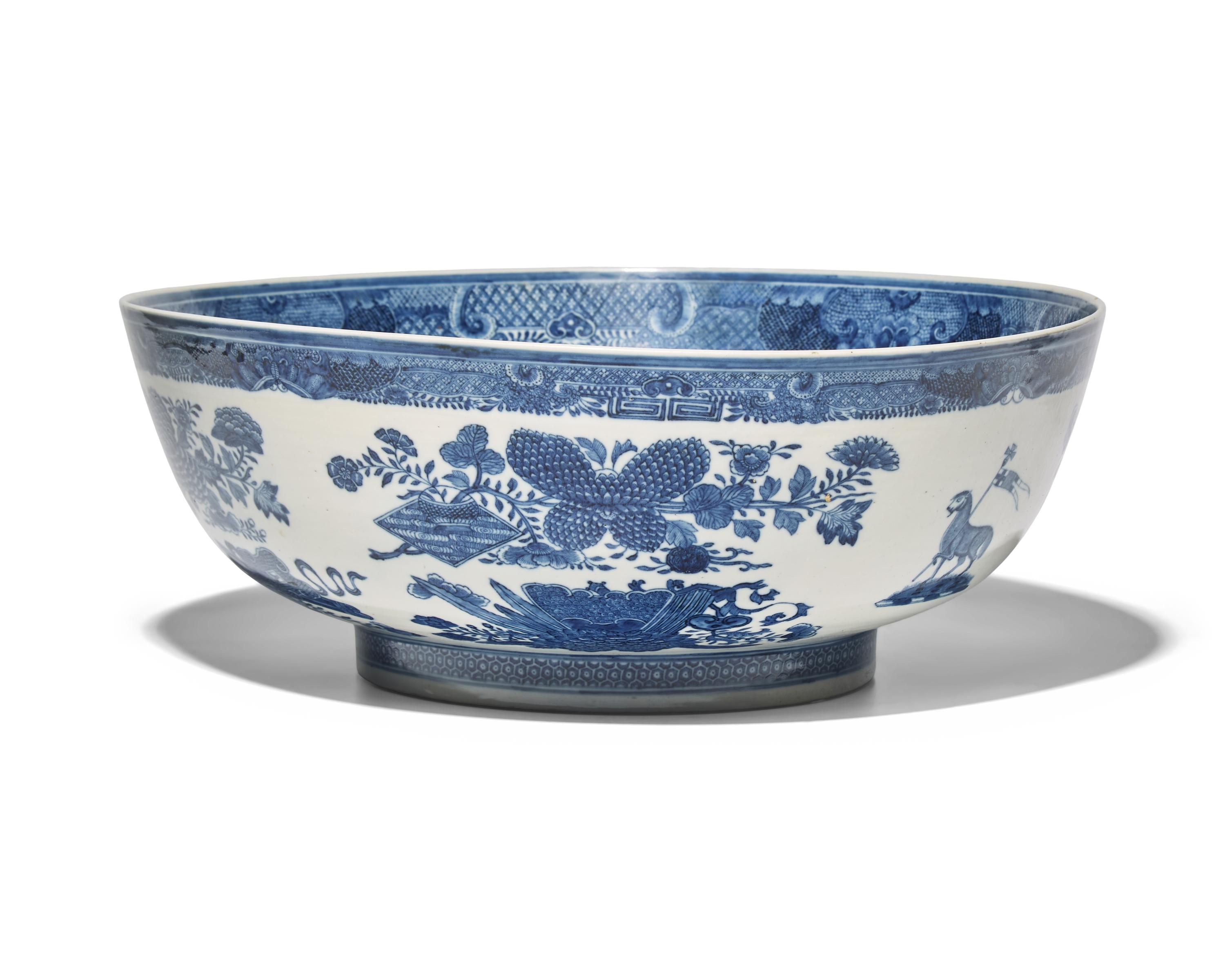 A Large Chinese Export Porcelain Blue Fitzhugh Armorial Punch Bowl Bearing the Roberts Crest