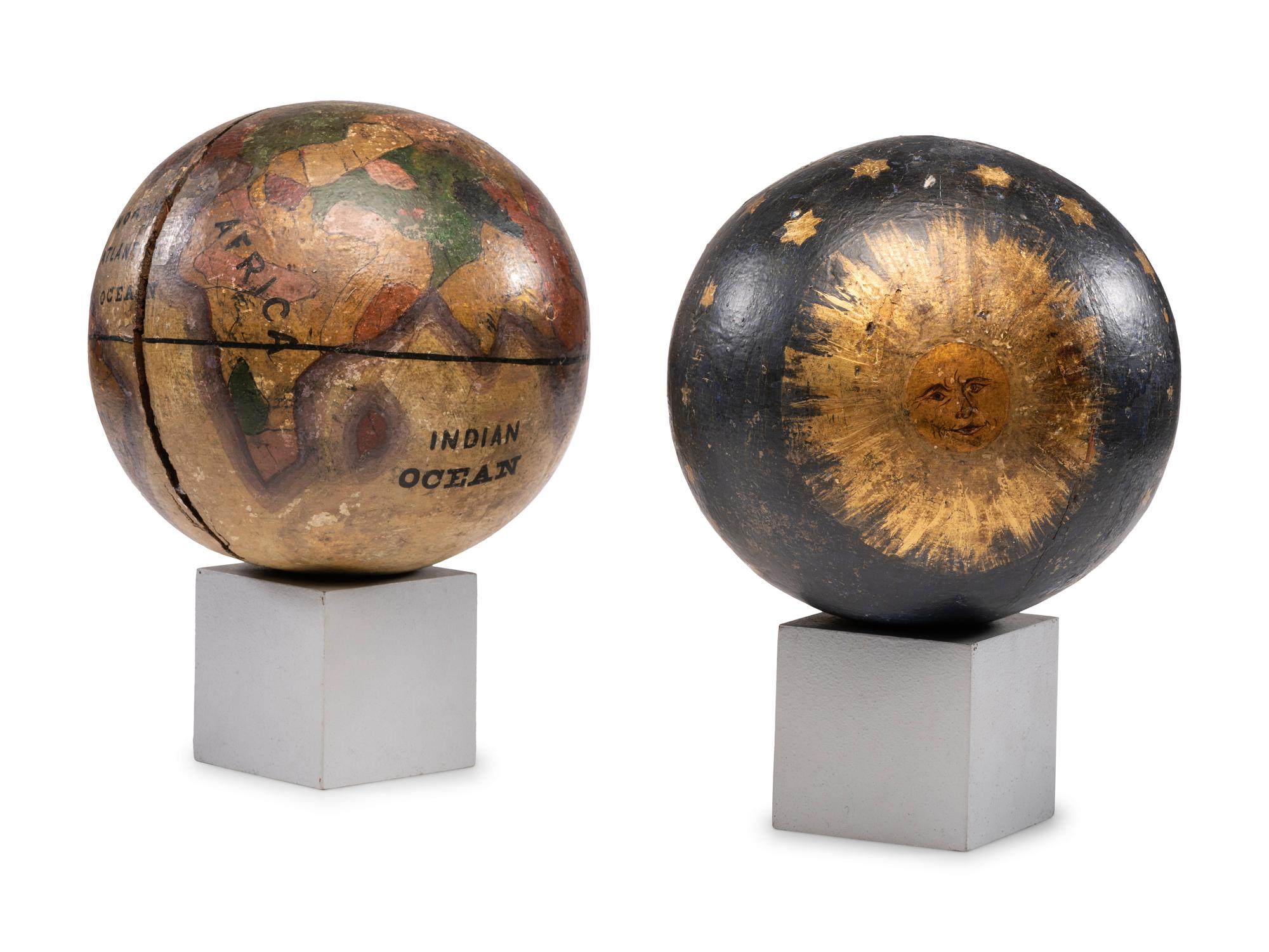 A Pair of Painted Wood Masonic Terrestrial and Celestial Globes on Stands