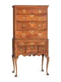 A Queen Anne Stained and Fan-Carved Cherrywood and Tiger Maple Flat-Top High Chest