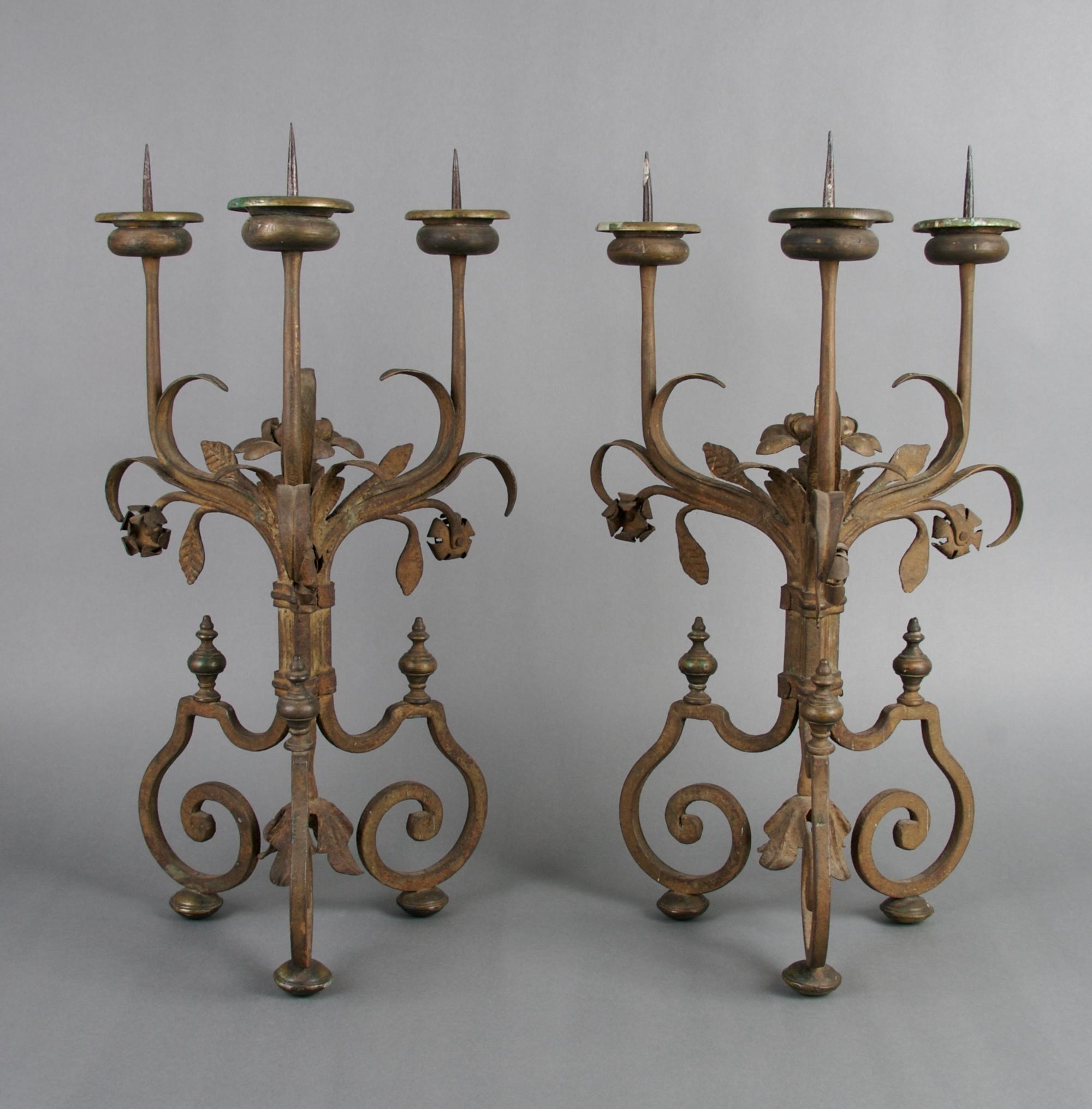 A Pair of Renaissance Revival Three-Light Candelabra, Height 20 1/4 inches.