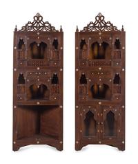 A Pair of Syrian Mother-of-Pearl Inlaid Walnut Corner Cabinets