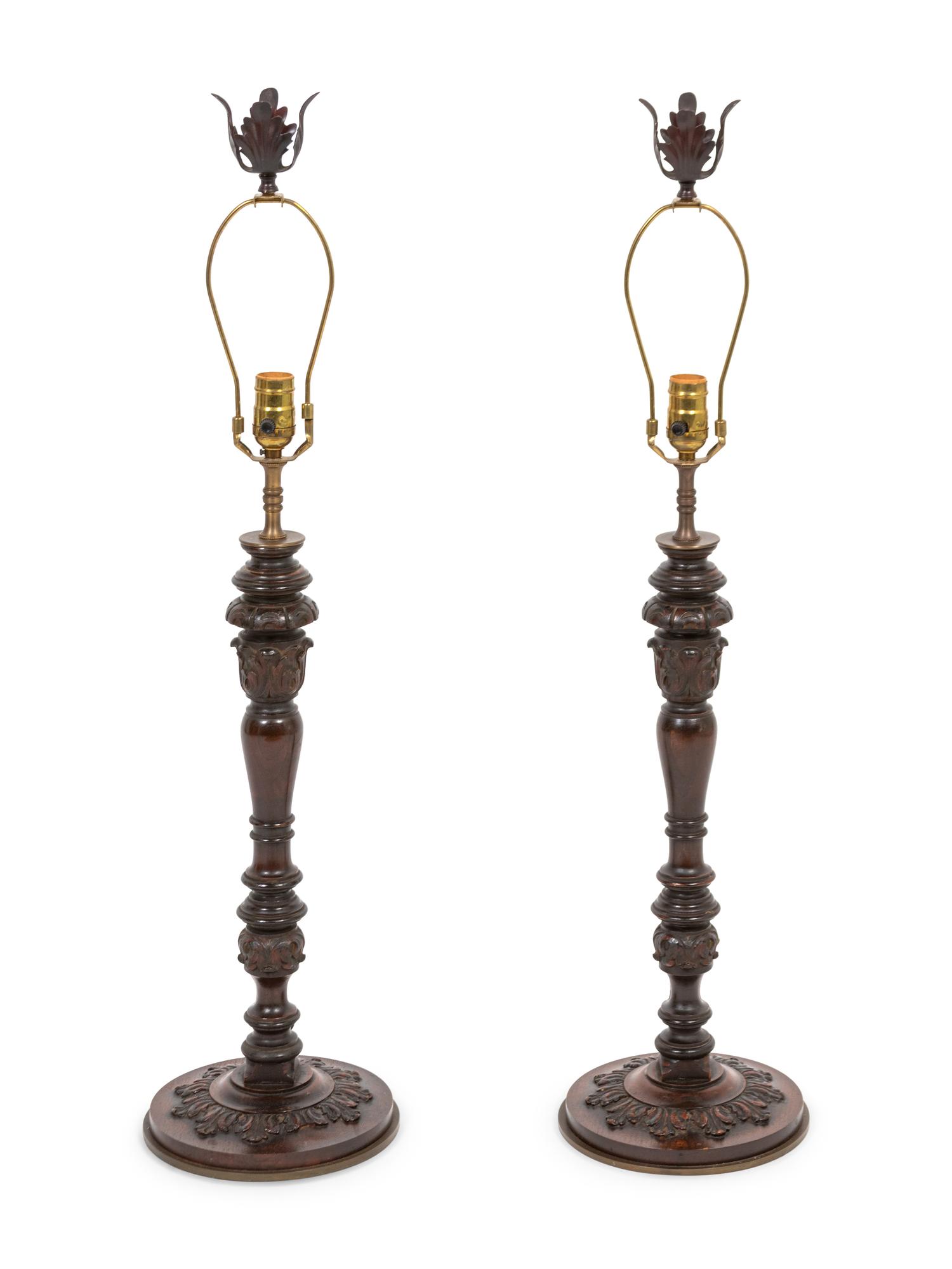 A Pair of Carved Wood Candlesticks Mounted as Lamps