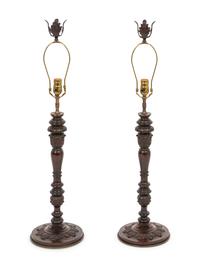 A Pair of Carved Wood Candlesticks Mounted as Lamps
