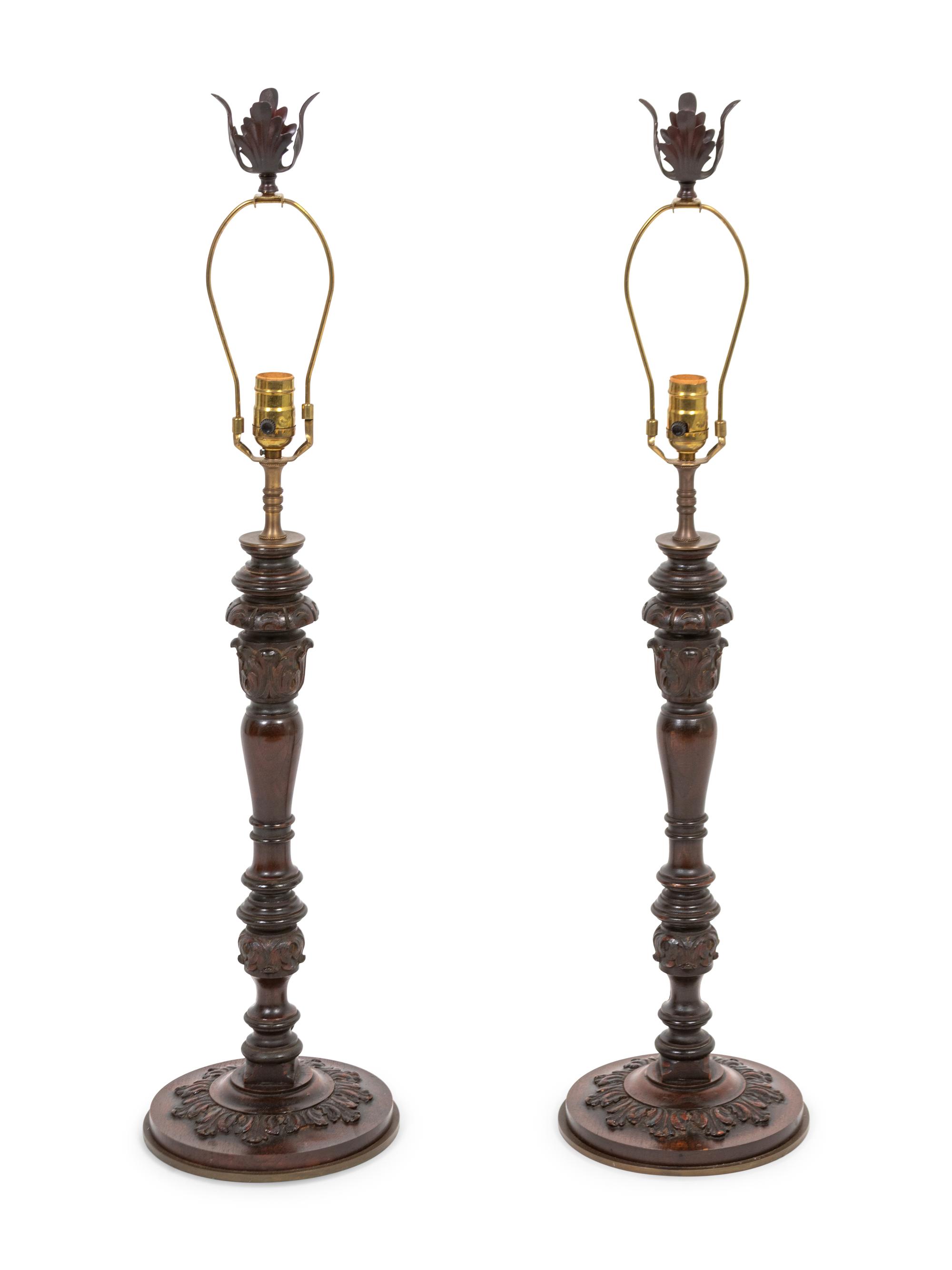 A Pair of Carved Wood Candlesticks Mounted as Lamps