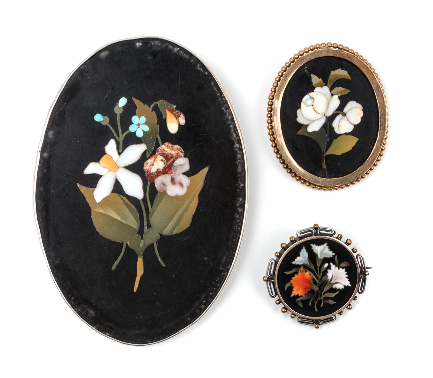 A Group of Three Continental Pietra Dura Plaques Height of largest 3 5/8 inches. — 19TH/20TH CENTURY