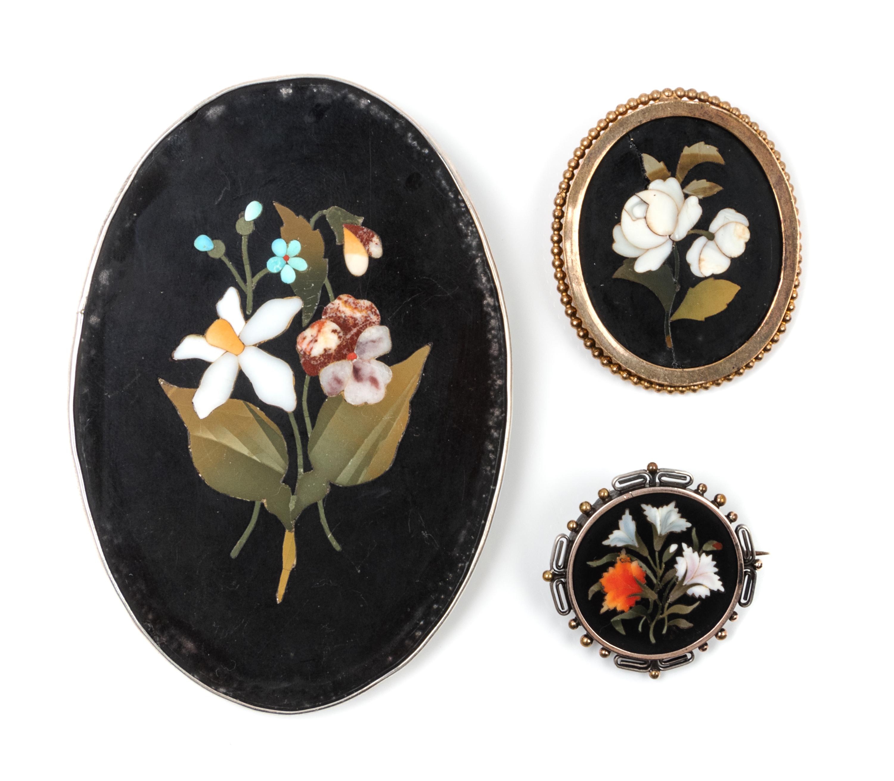 A Group of Three Continental Pietra Dura Plaques Height of largest 3 5/8 inches. — 19TH/20TH CENTURY