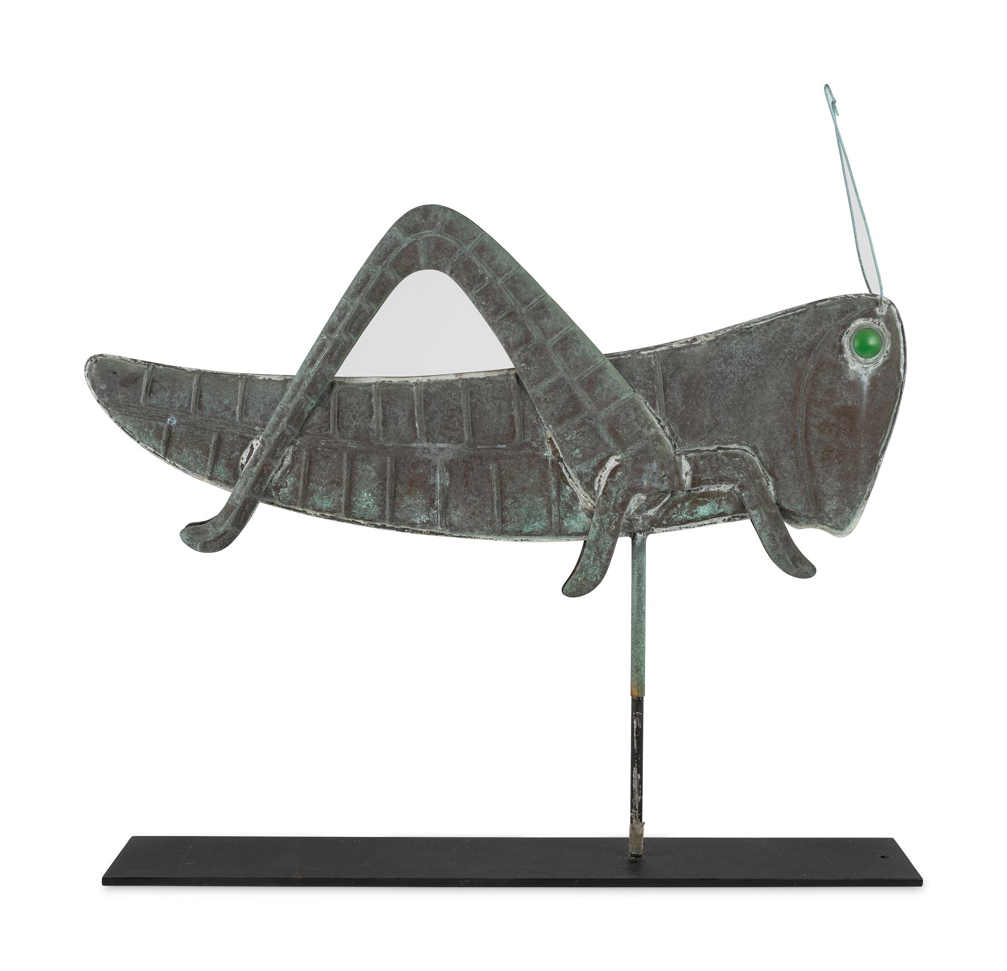 A Molded Copper and Zinc, Glass-Inset Grasshopper Weathervane