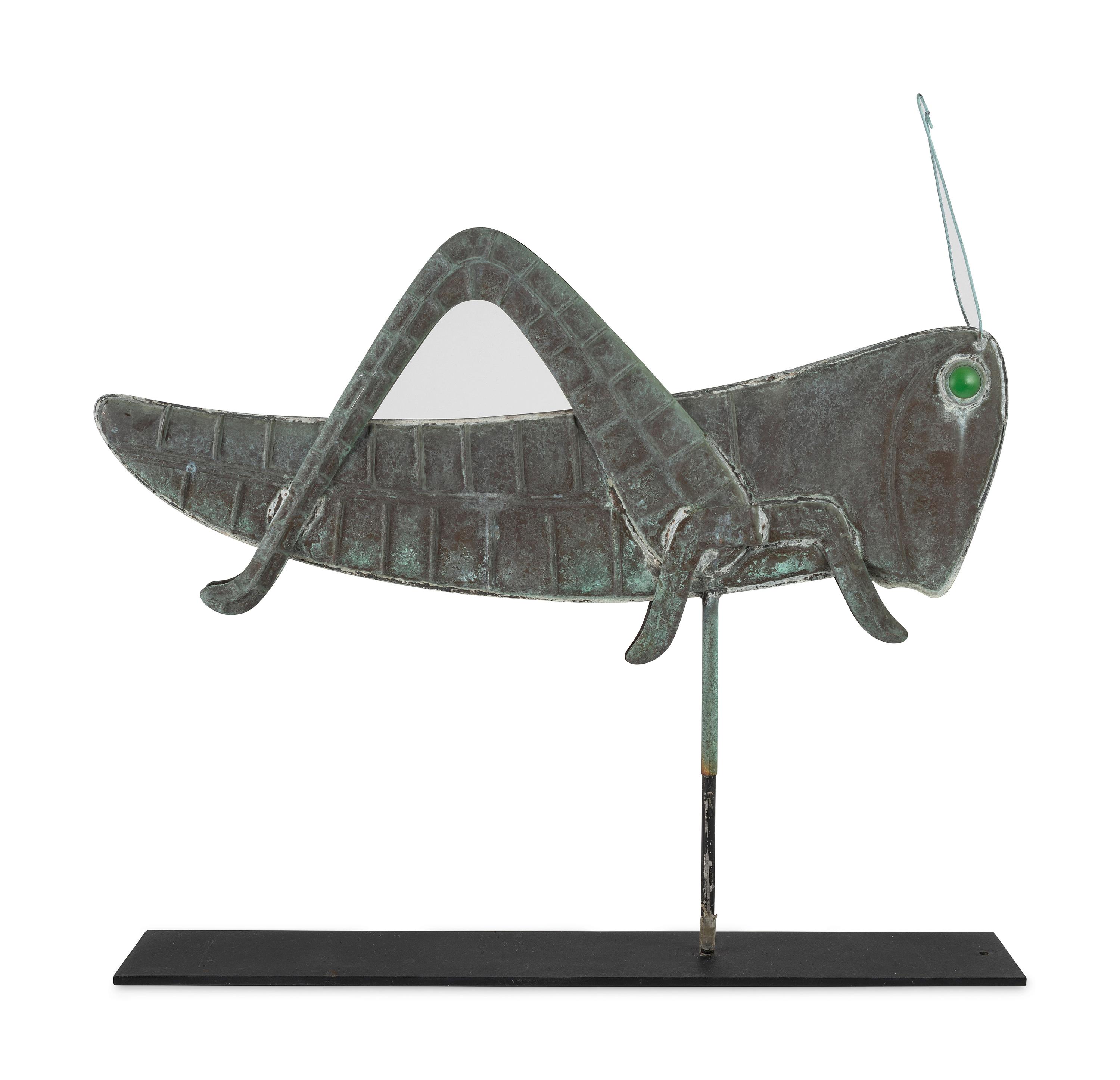 A Molded Copper and Zinc, Glass-Inset Grasshopper Weathervane