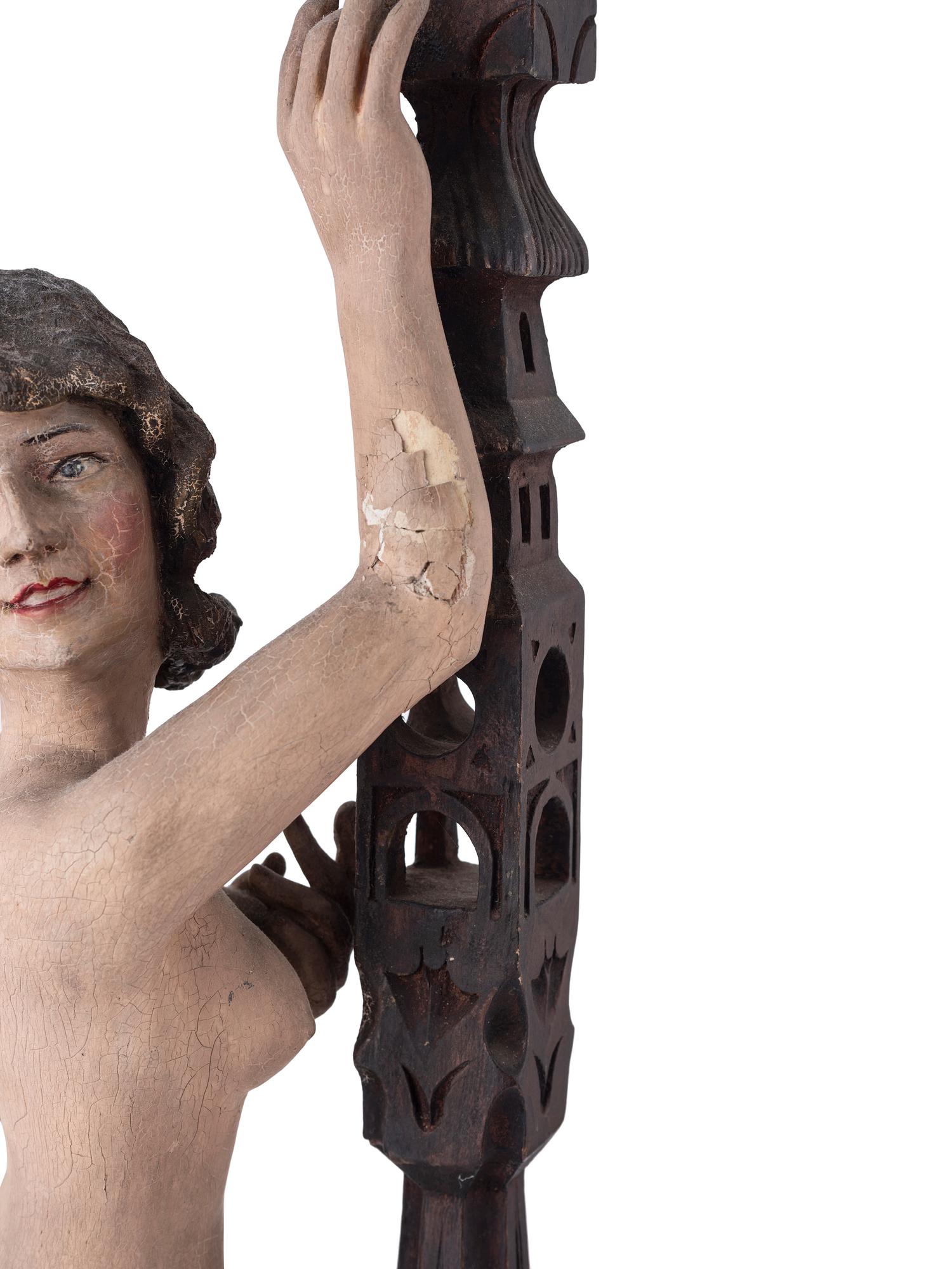 Two Painted Folk Art Carvings of Nude Women