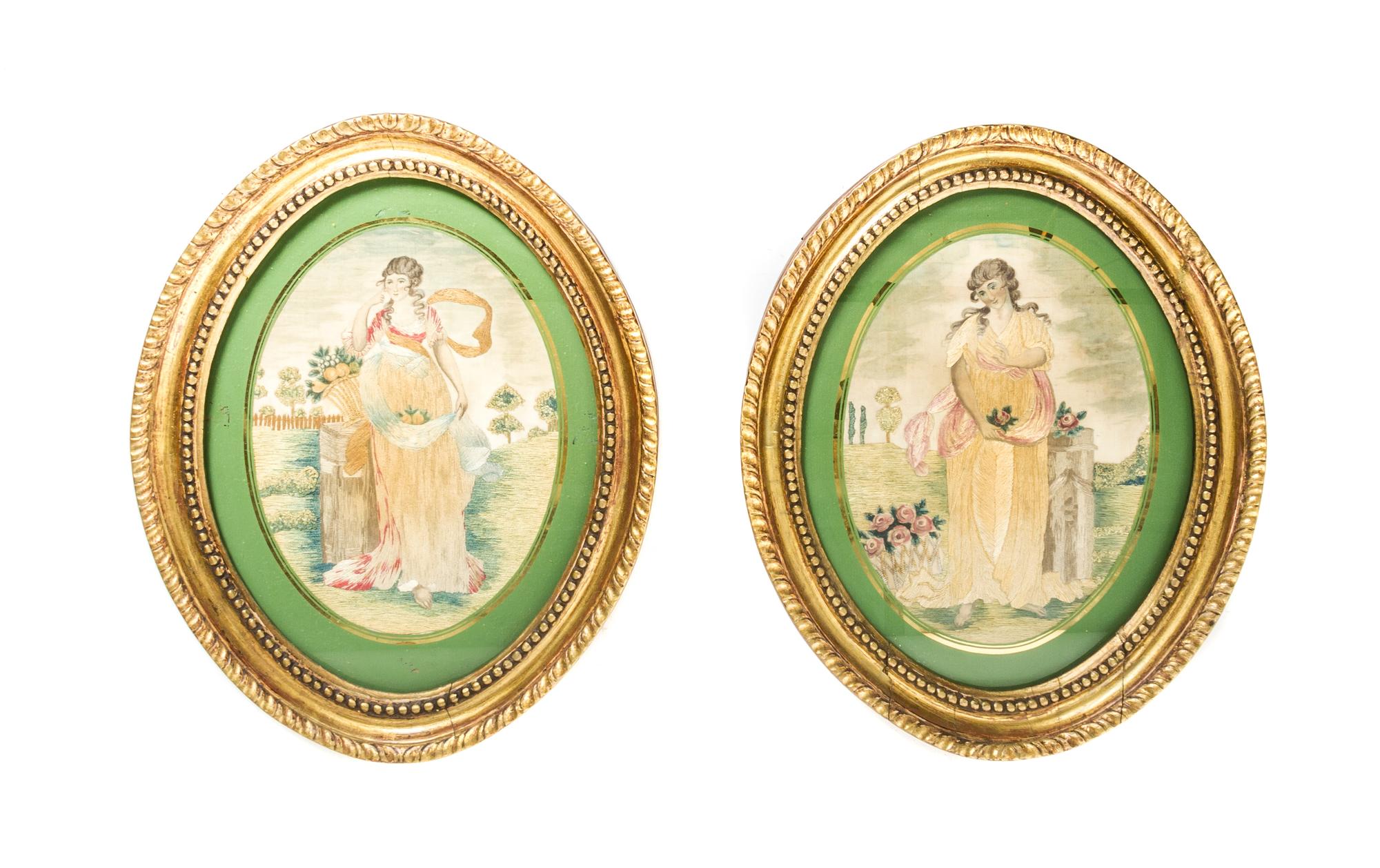 A Pair of English Silk Needlework Pictures, Height 7 1/2 x width 5 1/2 inches.