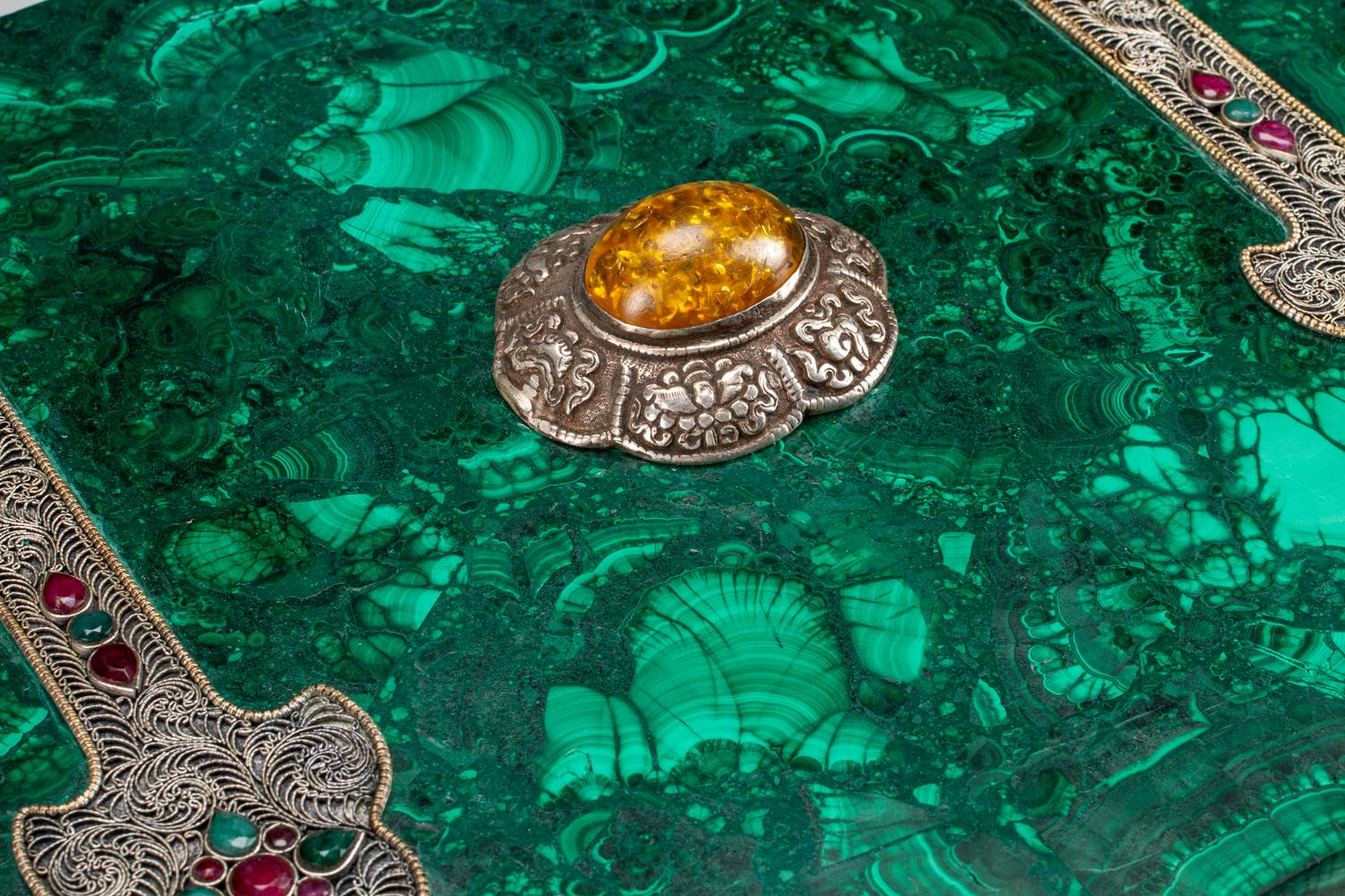 A Jeweled Silvered Filigree Mounted Malachite Casket on Stand