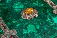 A Jeweled Silvered Filigree Mounted Malachite Casket on Stand
