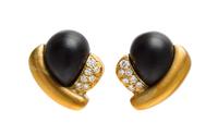 A Pair of 18 Karat Yellow Gold, Onyx and Diamond Earclips, M. Stowe, 17.50 dwts.
