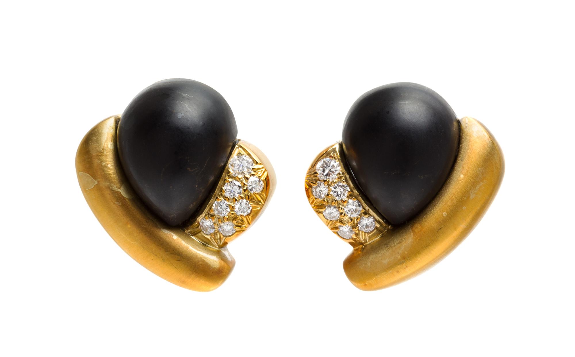 A Pair of 18 Karat Yellow Gold, Onyx and Diamond Earclips, M. Stowe, 17.50 dwts.